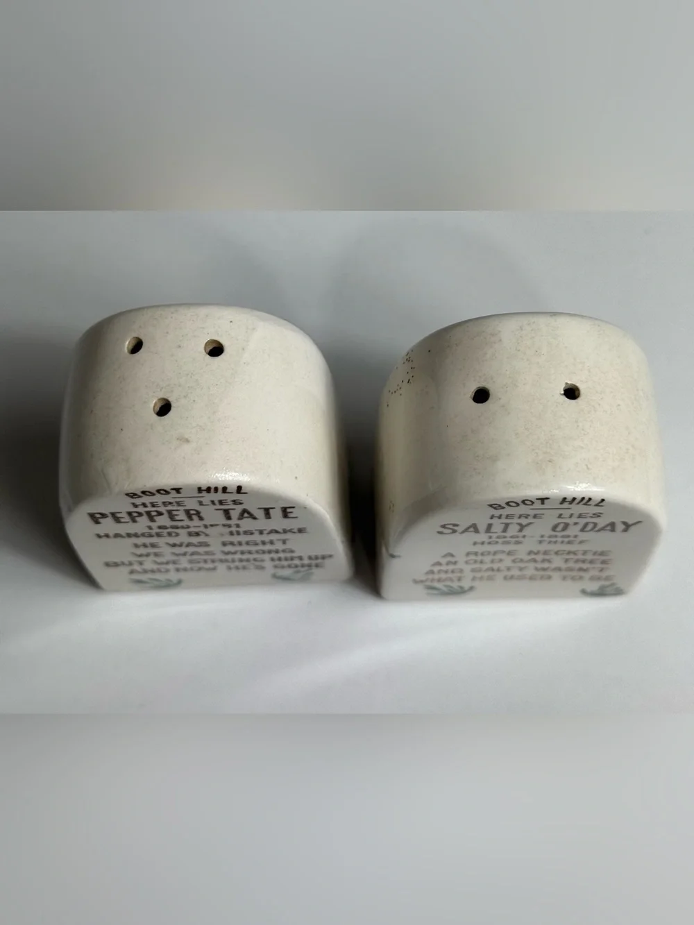 Vintage Tombstone Salt and Pepper Shakers - White, Brown with Green Accents